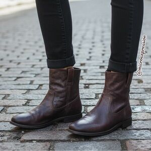 $360 Frye Anna Short Dark Brown Genuine Leather Pull On Comfy Daily Ankle Boots